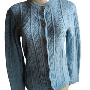Medium Vintage Cardigan Sweater Granny Blue Button-Up Cable Knit 1970's Shabby